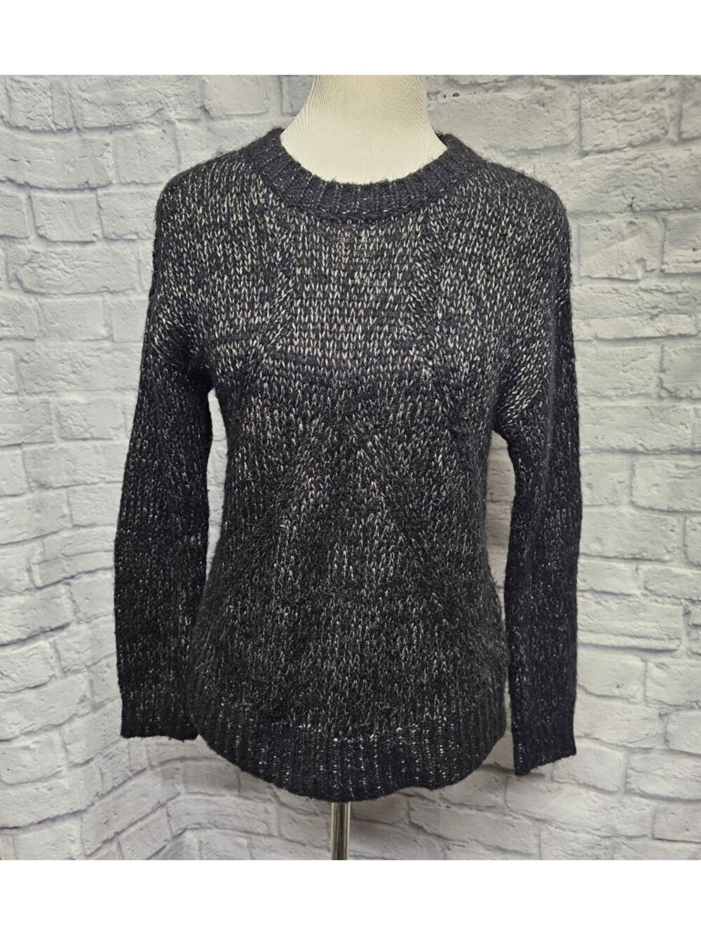 VALETTE S Black Metallic Knit Suede Like Elbow Patch Crew Warm Sweater Top